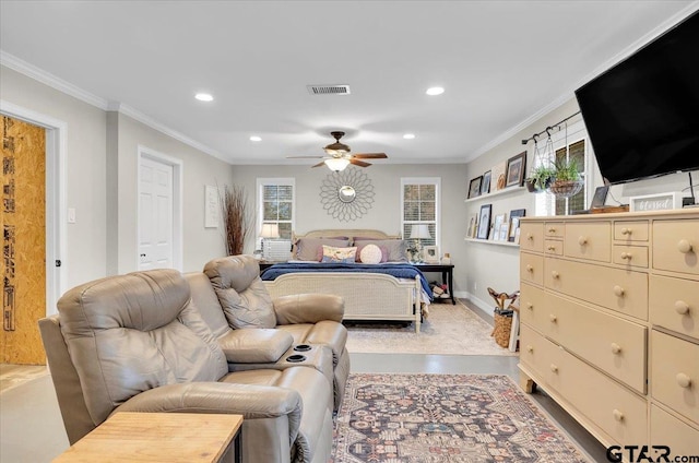 bedroom featuring ornamental molding and ceiling fan