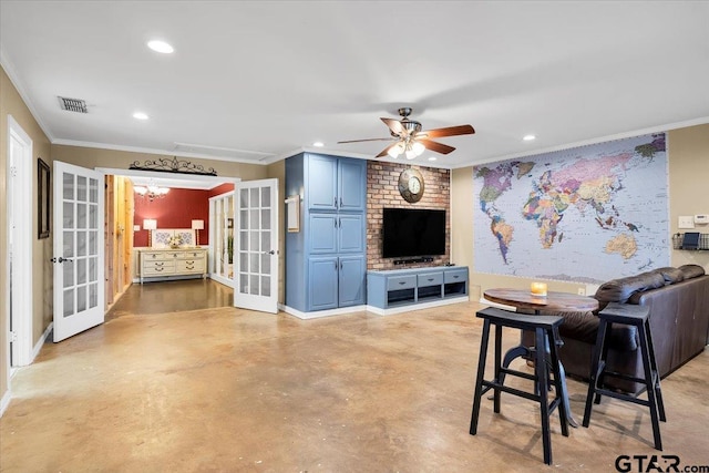 living room with french doors, ceiling fan, and ornamental molding