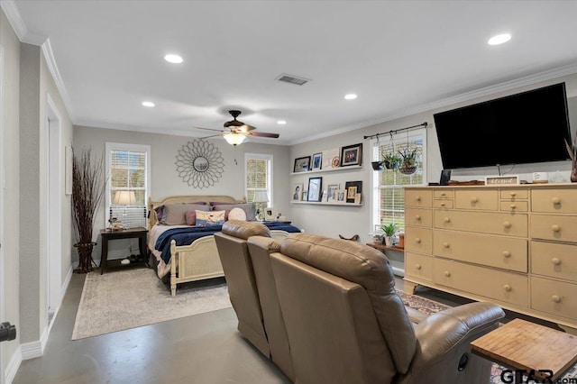 bedroom with concrete flooring, ornamental molding, and ceiling fan