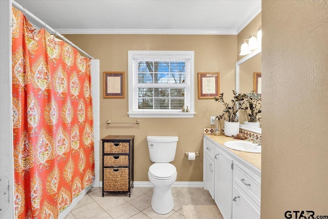 bathroom featuring ornamental molding, vanity, toilet, tile patterned floors, and a shower with shower curtain