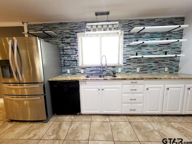 kitchen with dishwasher, white cabinetry, backsplash, and stainless steel fridge with ice dispenser