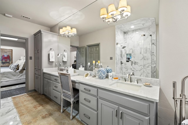 bathroom featuring connected bathroom, an inviting chandelier, vanity, a marble finish shower, and visible vents
