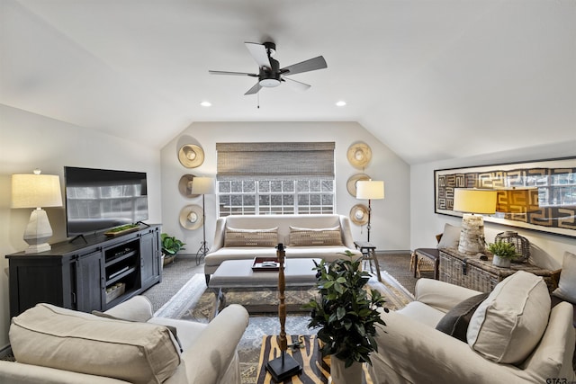 carpeted living area with baseboards, recessed lighting, ceiling fan, and lofted ceiling