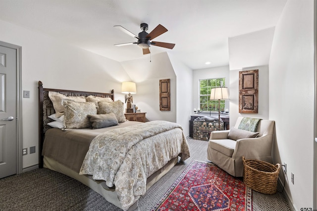 bedroom with carpet floors, a ceiling fan, and baseboards