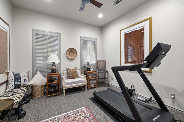 exercise room featuring visible vents, recessed lighting, ceiling fan, and carpet floors