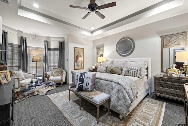 carpeted bedroom featuring crown molding, access to outside, recessed lighting, and a raised ceiling