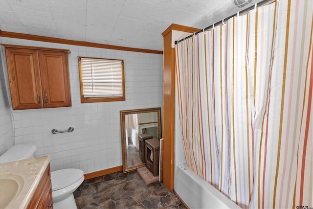 full bathroom with toilet, tile walls, vanity, and shower / bathtub combination with curtain