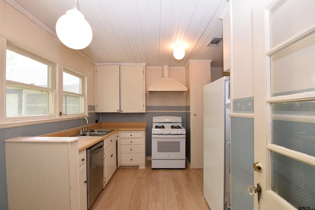 kitchen featuring sink, custom exhaust hood, wooden ceiling, pendant lighting, and white appliances