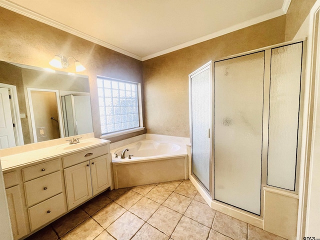 bathroom with tile patterned floors, crown molding, vanity, a shower stall, and a bath