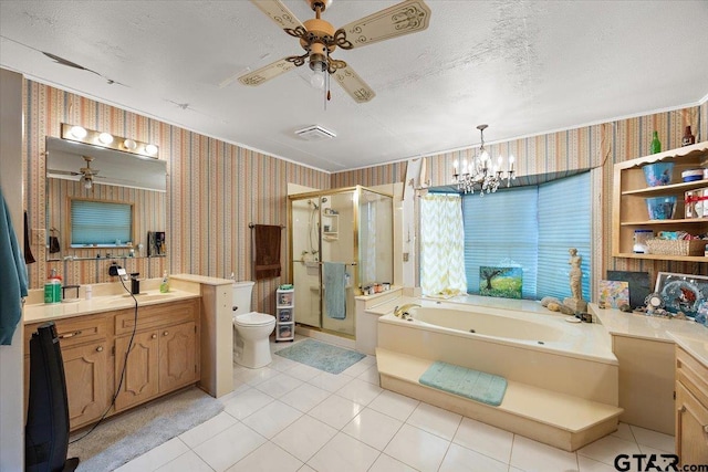 full bath with vanity, ceiling fan with notable chandelier, and wallpapered walls
