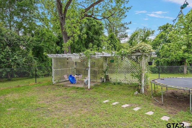 view of yard featuring a fenced backyard and a trampoline