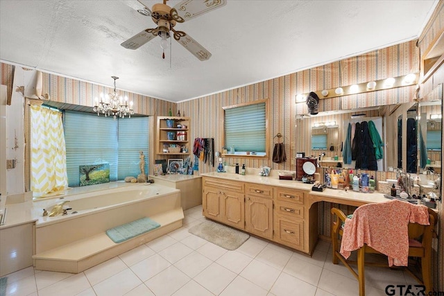 full bathroom featuring vanity, a garden tub, tile patterned flooring, and wallpapered walls