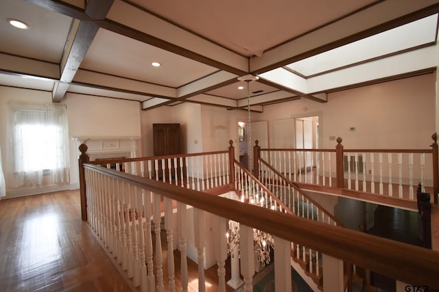 510 E Longview St, Arp, TX 75750 - hall with an upstairs landing, coffered ceiling, wood finished floors, beamed ceiling, and recessed lighting