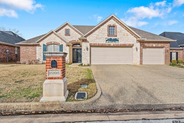 french country inspired facade with brick siding, a shingled roof, concrete driveway, a front yard, and stone siding