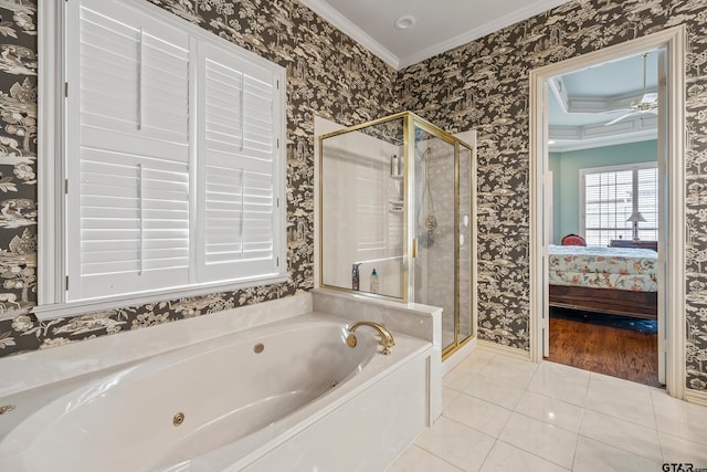 full bathroom featuring wallpapered walls, a shower stall, crown molding, a jetted tub, and connected bathroom