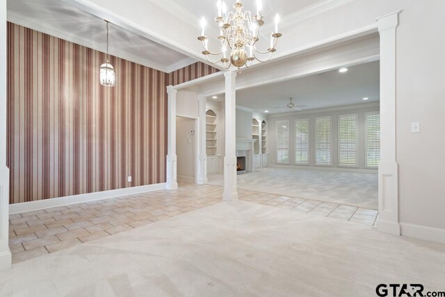 6529 Salisbury Ln, Tyler, TX 75703 - unfurnished dining area featuring crown molding, a warm lit fireplace, baseboards, carpet, and ceiling fan with notable chandelier