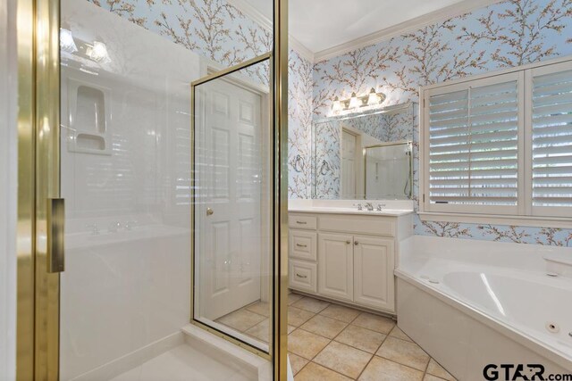 6529 Salisbury Ln, Tyler, TX 75703 - bathroom featuring a shower stall, wallpapered walls, ornamental molding, a garden tub, and tile patterned flooring