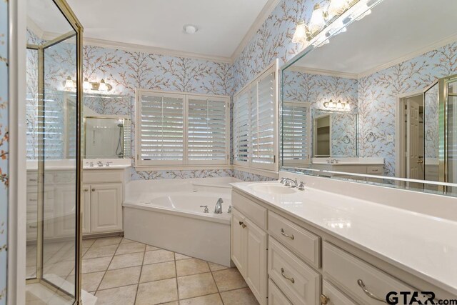 6529 Salisbury Ln, Tyler, TX 75703 - full bathroom with vanity, crown molding, a shower stall, and wallpapered walls
