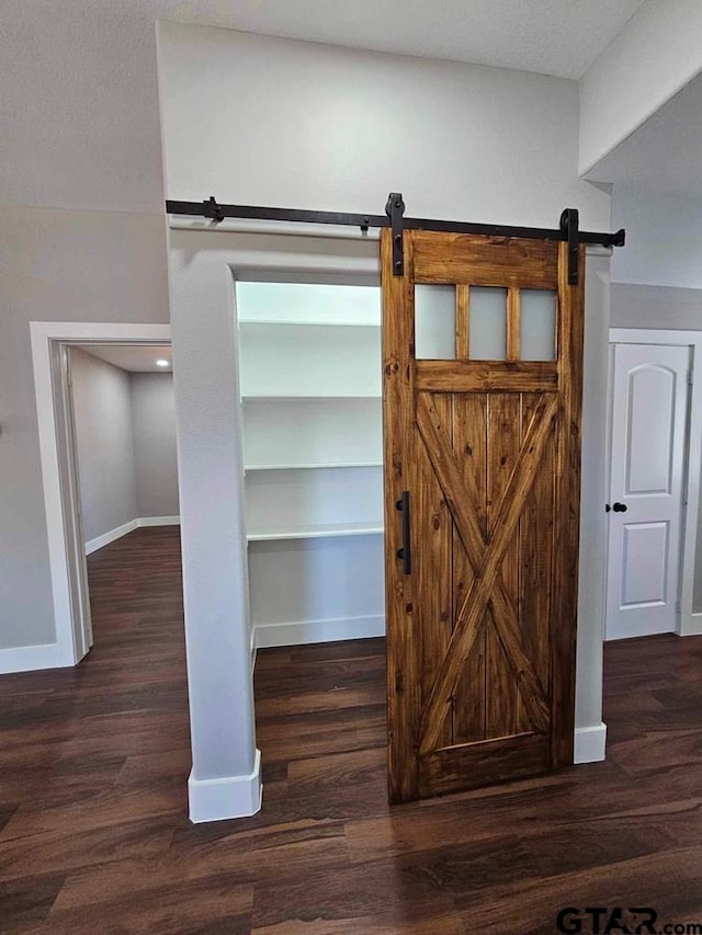 details with hardwood / wood-style flooring and a barn door