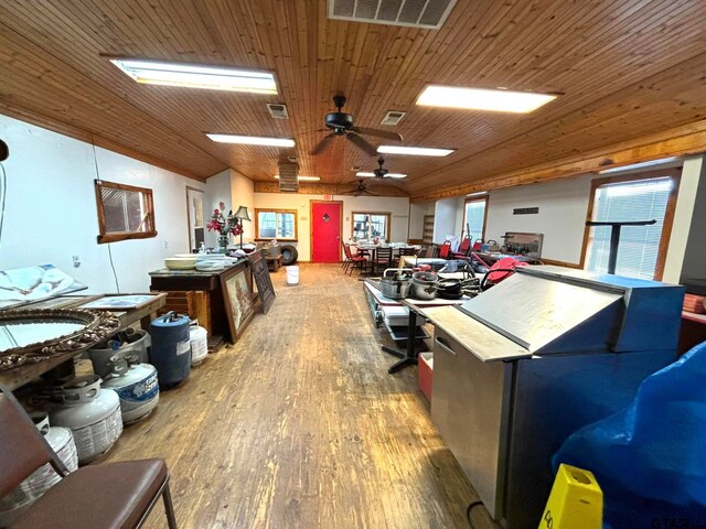 interior space with hardwood / wood-style floors, ceiling fan, wooden ceiling, and a wealth of natural light