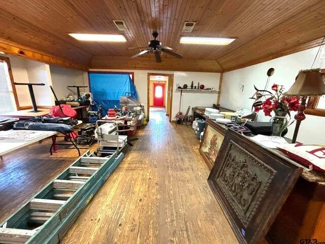 miscellaneous room featuring hardwood / wood-style flooring, ceiling fan, lofted ceiling, and wood ceiling