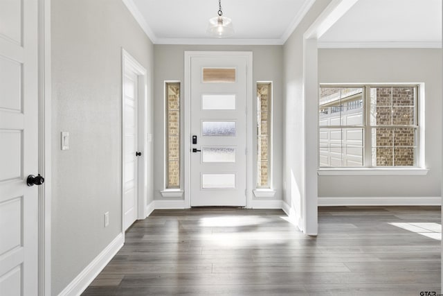 entryway featuring crown molding and dark hardwood / wood-style floors