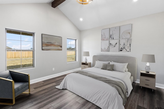 bedroom with high vaulted ceiling, multiple windows, dark hardwood / wood-style floors, and beam ceiling