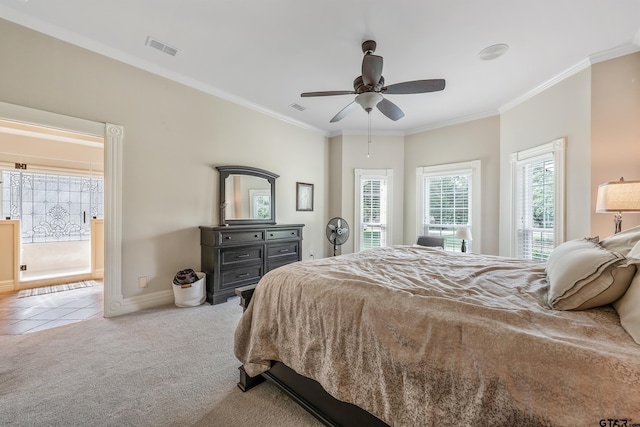 1881 Valley Vw, Tyler, TX 75701 - tiled bedroom with crown molding, carpet floors, and ceiling fan