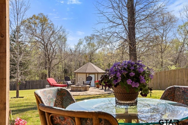 view of patio featuring a fenced backyard, an outdoor fire pit, and outdoor dining space