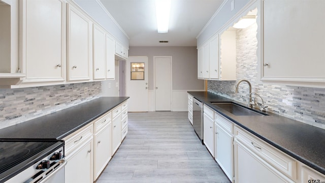 kitchen featuring sink, decorative backsplash, stainless steel dishwasher, and white cabinets