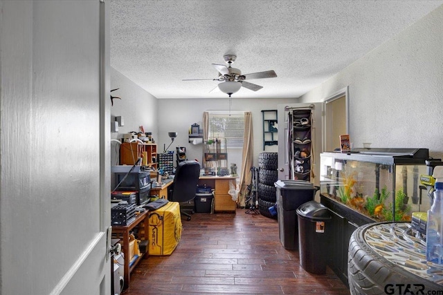 office area with ceiling fan, hardwood / wood-style floors, and a textured ceiling
