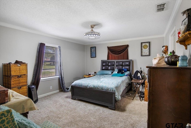 carpeted bedroom with a textured ceiling, visible vents, crown molding, and baseboards
