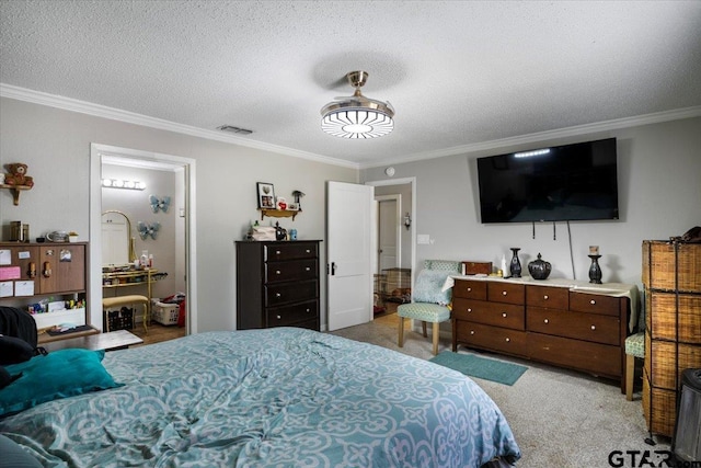 bedroom with carpet flooring, visible vents, a textured ceiling, and ornamental molding