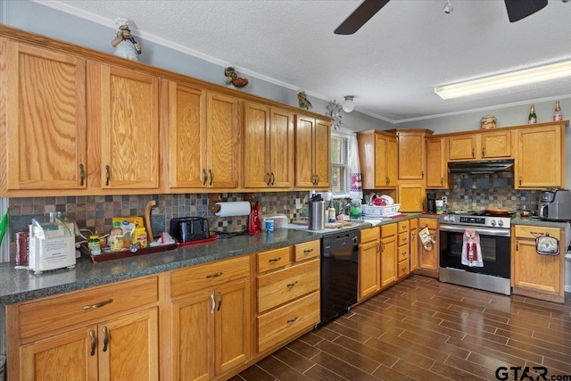 kitchen with backsplash, black dishwasher, a ceiling fan, under cabinet range hood, and electric stove