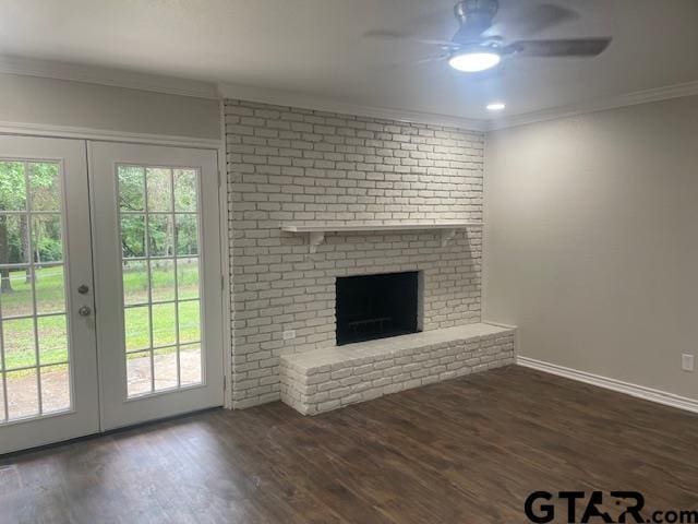110 Alpine Dr, Tyler, TX 75701 - unfurnished living room with a ceiling fan, crown molding, french doors, wood finished floors, and a fireplace