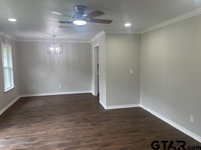 110 Alpine Dr, Tyler, TX 75701 - unfurnished room featuring a chandelier, dark wood-style floors, ceiling fan, crown molding, and recessed lighting