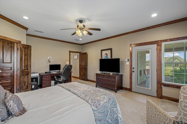 carpeted bedroom with access to exterior, ceiling fan, and ornamental molding