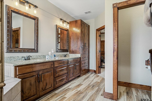 bathroom with hardwood / wood-style floors and vanity