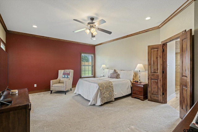 bedroom featuring ceiling fan, light carpet, and ornamental molding