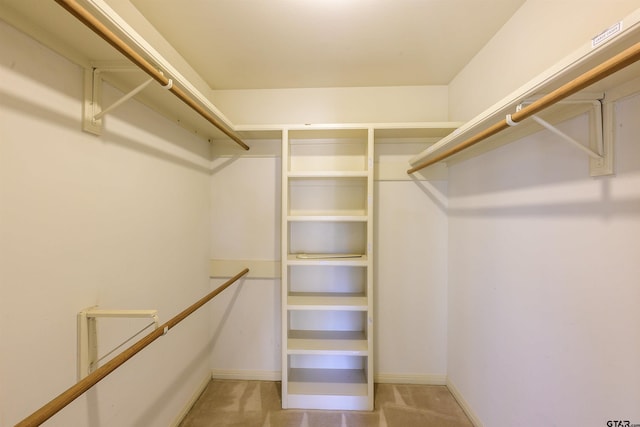 walk in closet with light carpet