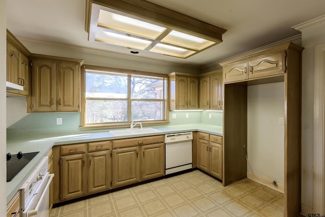 kitchen featuring white appliances, sink, and ornamental molding