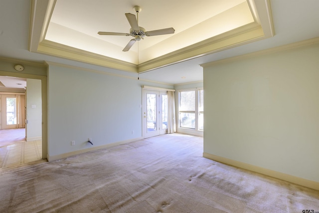 carpeted empty room with a raised ceiling, crown molding, and a healthy amount of sunlight