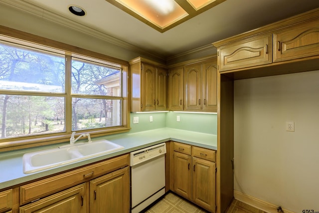 kitchen featuring dishwasher, ornamental molding, and sink