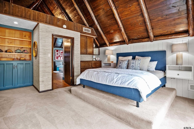 bedroom with light carpet, visible vents, wooden ceiling, and vaulted ceiling with beams