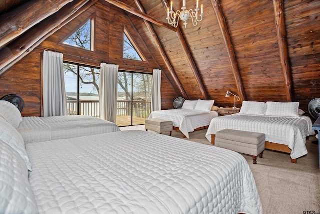 carpeted bedroom featuring lofted ceiling with beams, access to exterior, wood ceiling, wood walls, and a notable chandelier