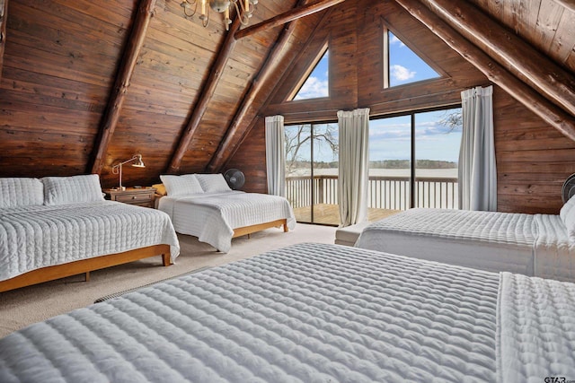 bedroom with wooden walls, access to exterior, wooden ceiling, and carpet