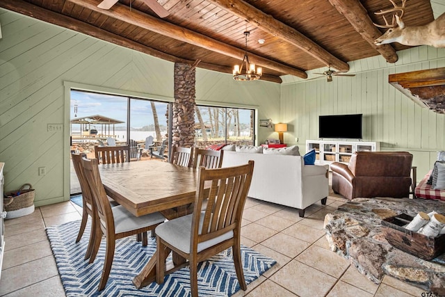 dining space with light tile patterned flooring, beamed ceiling, and wooden ceiling