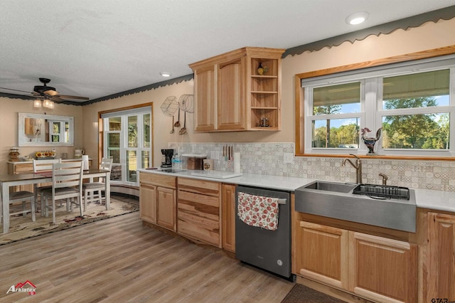 kitchen with a sink, plenty of natural light, light wood-style flooring, and stainless steel dishwasher