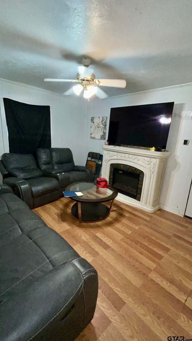 living room featuring light hardwood / wood-style flooring, ceiling fan, and a fireplace