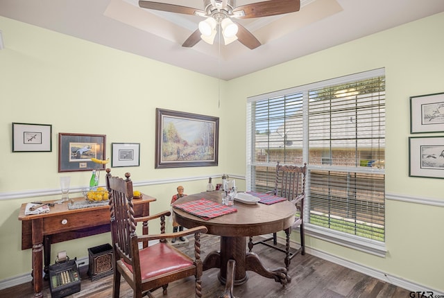 5401 Hollytree Dr, Tyler, TX 75703 - dining area with a raised ceiling, wood finished floors, and a ceiling fan